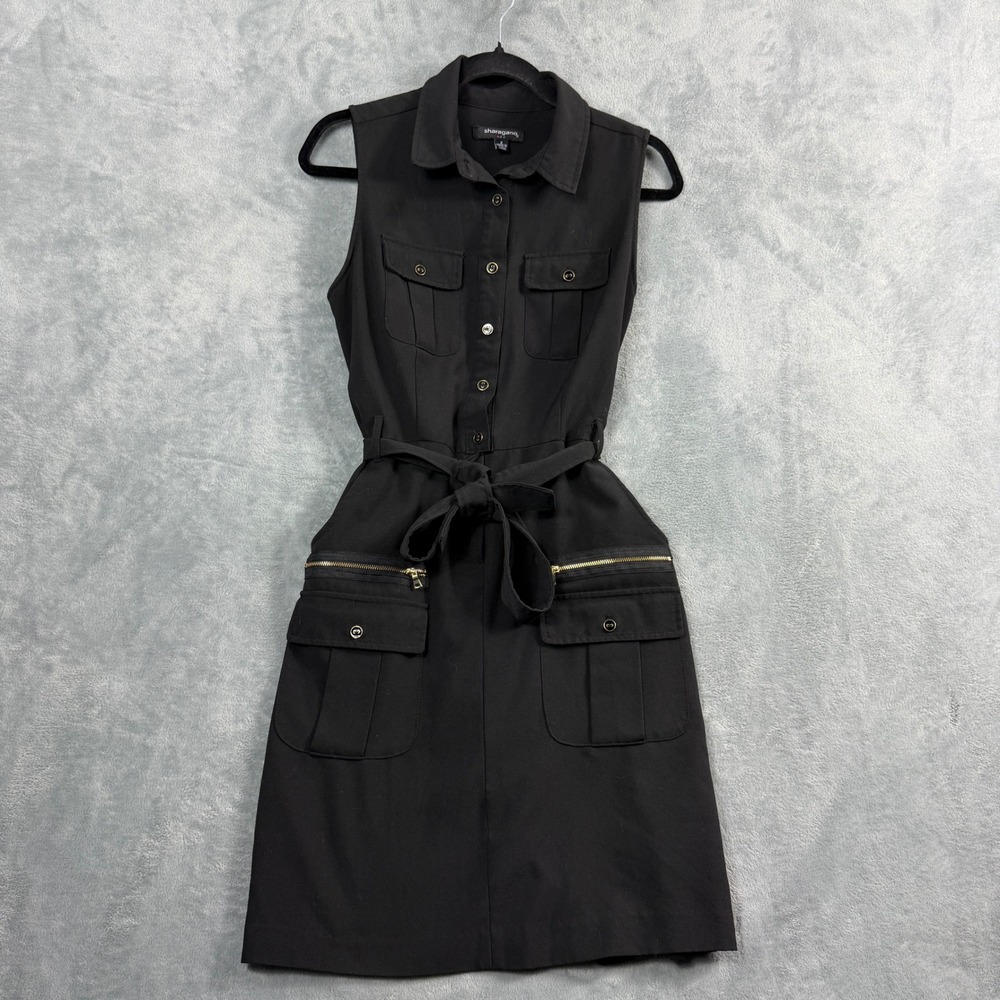 Sharagano Womens 8 Black Utility Shirt Dress Sleeveless Gold Trim Office Siren